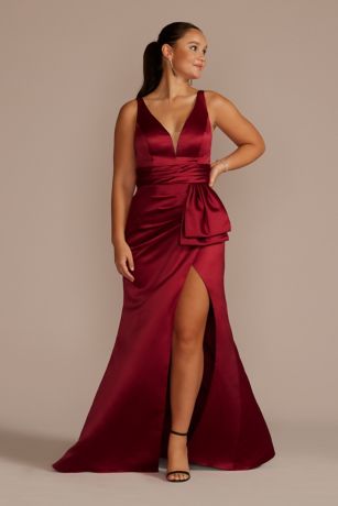 Galina Signature Plunging Satin Tank Sheath Dress with Slit